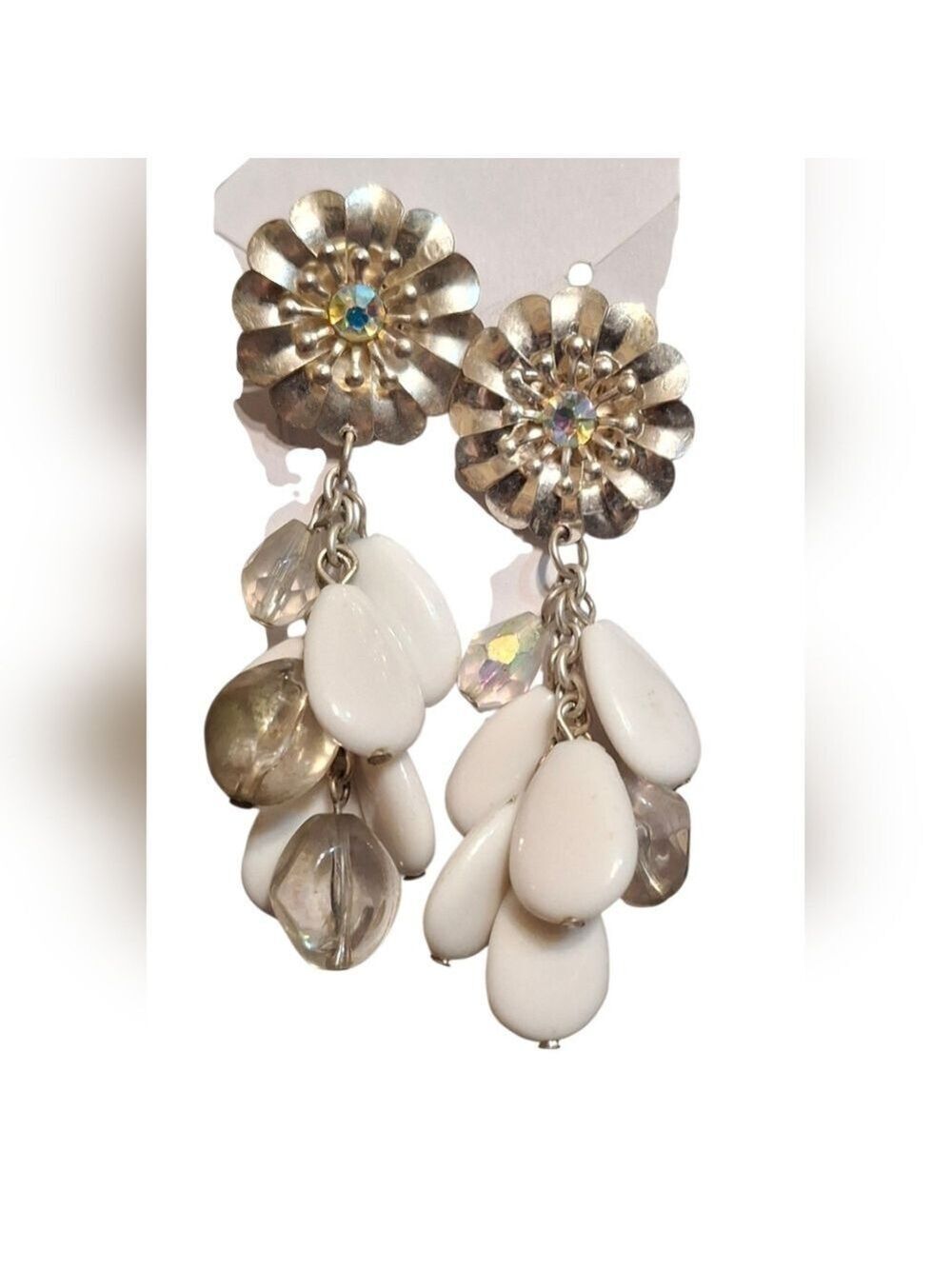 White Dangle Cluster Clip On Earrings - Unbranded